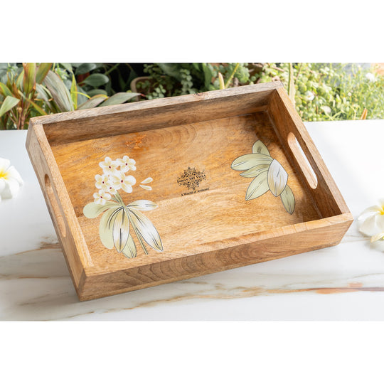 Wooden Tray with Plumeria Flower Design, Multipurpose Serving Tray for Tea, Coffee, Snacks, Home Decor, Gift Hampers