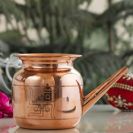 Handmade Pure Copper Karva|Netipot| with Spout, Om Design, Spiritual Items