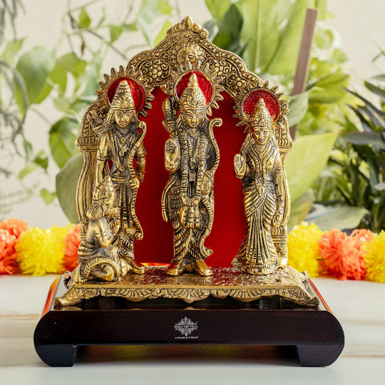 Brass Finish Ram Darbar Murti with Wooden Base for Home Temple