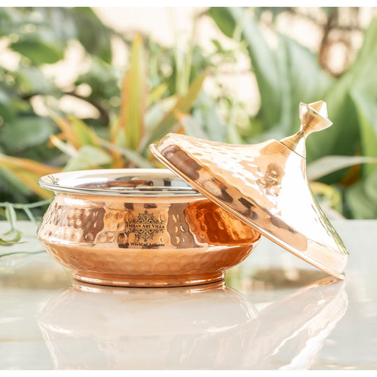 Steel Copper Mughlai Handi with Lid & Brass Knob- Serveware, Perfect for Home & Restaurant