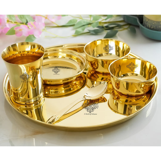 Pure Brass Matt Finish & Hammered 7 Pieces Dinner Set / Thali Set | DinnerWare |