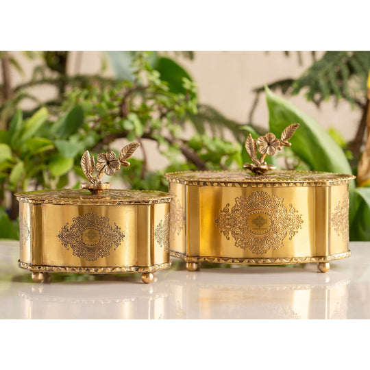 Royal Brass Dry Fruit Box with Floral Lid – Handcrafted Elegance |  Brass Decorative Box