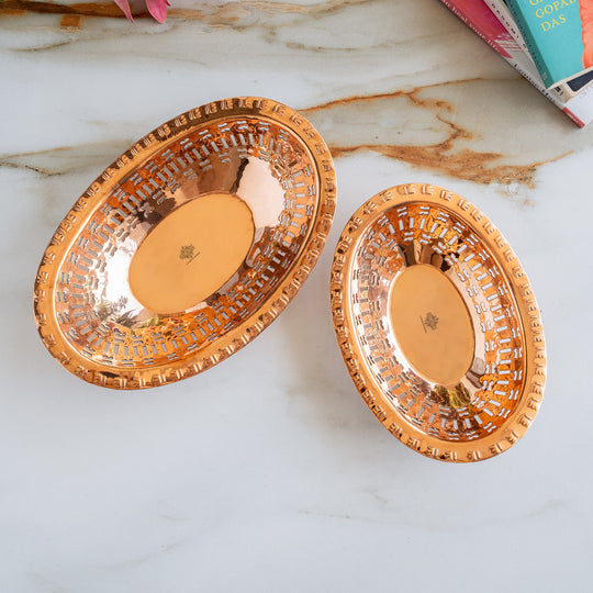 Copper Hammered Design Oval Bread Serving Basket