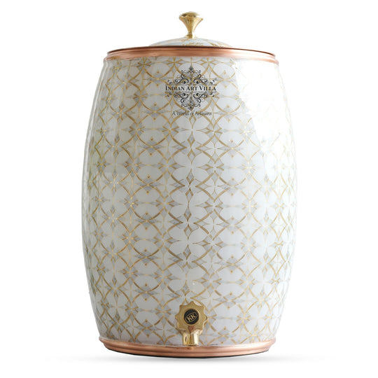 Handcrafted Pure Copper Water Pot with Gold Print Design, Ayurveda Water Vessel, 10 Ltr.