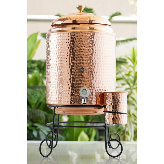 Hammered 5 litre copper matka with stand as dining table water centrepiece – 5 ltr copper pot with stand
