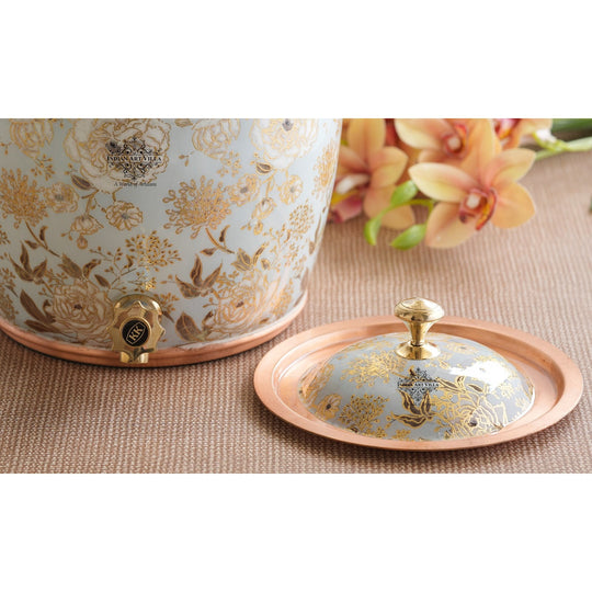 Handcrafted Pure Copper Water Pot with Gold Print Design, Ayurveda Water Vessel, 10 Ltr.