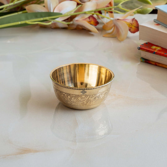 Handcrafted Pure Brass Embossed Round Shaped Bowl, Dinnerware, Serveware