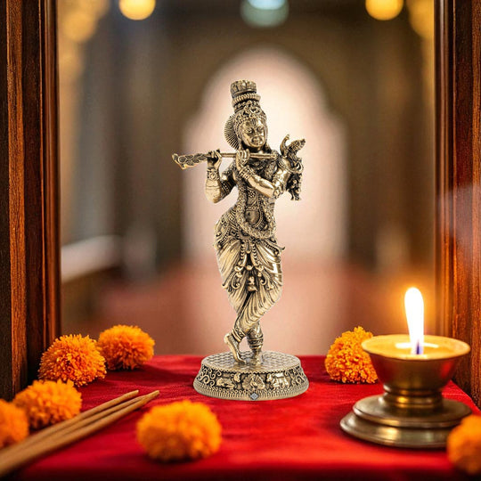 Pure Brass Krishna ji Murti With Tribhanga Pose for Pooja