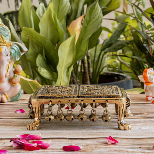 Pure brass antique embossed Chowki top view — Indian Art Villa