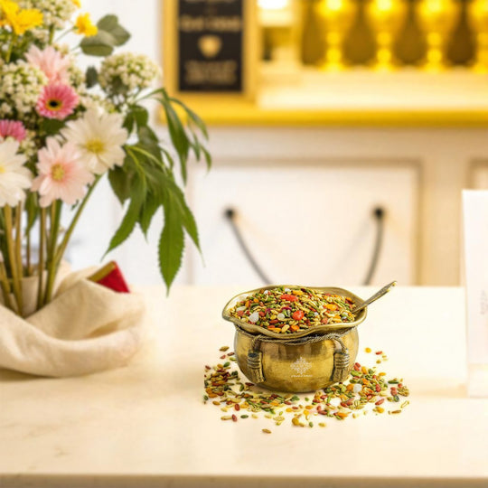 Brass Bowl & Spoon Set With Velvet Box - Hammered Design