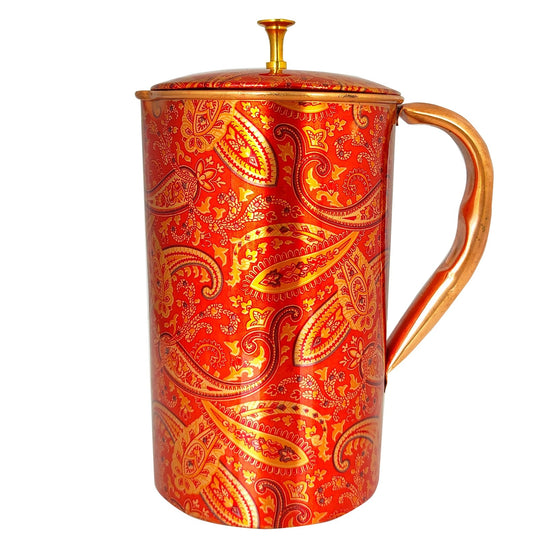 Pure Copper Paisley Printed Design Jug With Brass Knob on Lid