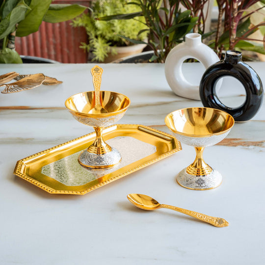 Pure Silver Plated Gold Polished 2 Ice Cream Bowl with 2 spoon & 1 tray