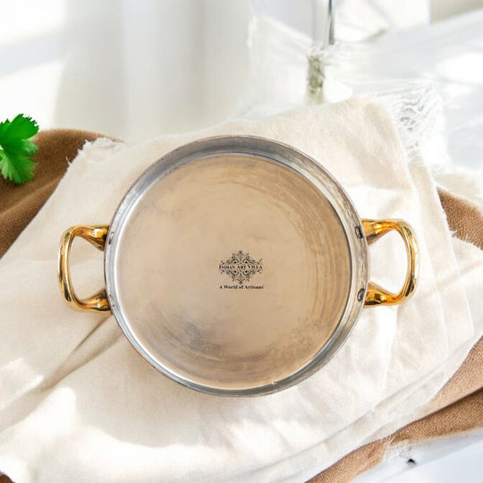 Beautifully designed copper handi with hammered texture and brass handles from Indian Art Villa