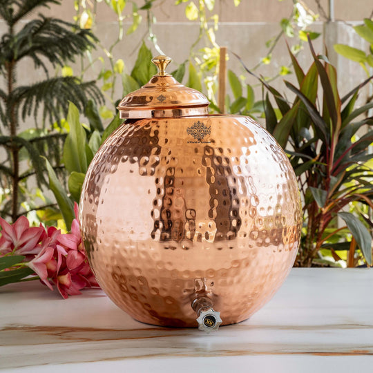 Pure Copper Hammered Matka with Lid, Brass Tap & Knob  12Ltr