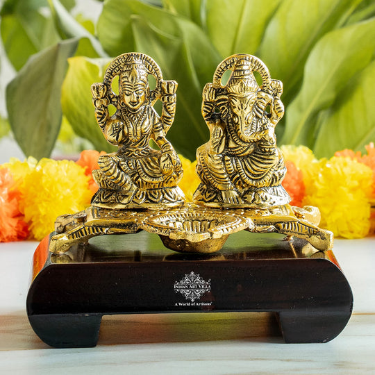 Brass Finish Ganesh Ji With  Laxmi JI Murti with Wooden Base