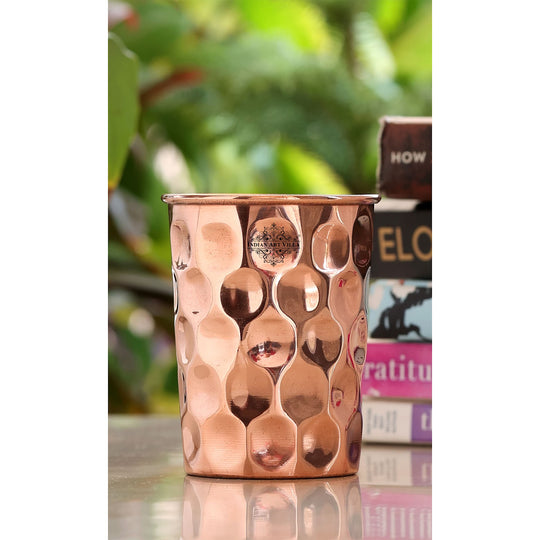 Indian Art Villa’s beautifully crafted copper drinkware set with a diamond finish, perfect for any special occasion or gifting.