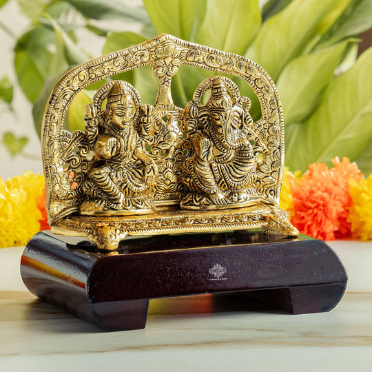 Brass Finish Ganesh Ji With  Laxmi JI Murti with Wooden Base