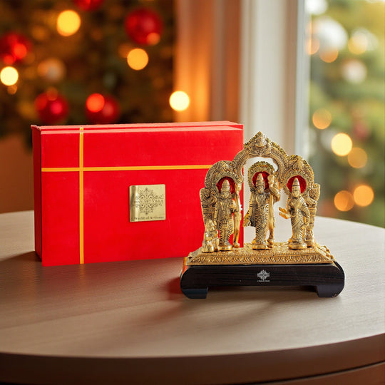 Brass Finish Ram Darbar Murti with Wooden Base for Home Temple