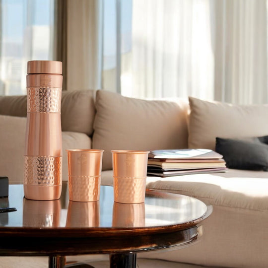 Copper Drinkware Gift Set of 2 Glass and 1 Bottle With Hammered Design