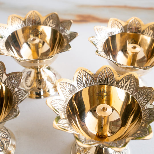 Brass Floral Diya Set of 4, Decorative Oil Lamps for Pooja