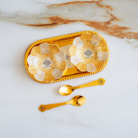 Silver Plated Gold Polished Lotus Design Set of 2 Bowl with 2 Spoon & 1 Tray, Diwali Festive Gifts Item