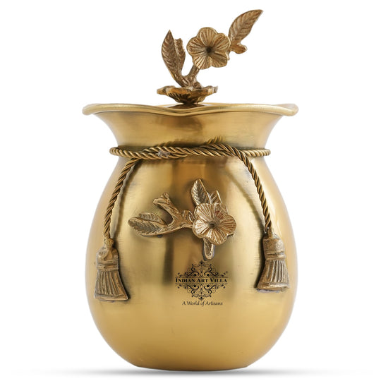Brass Decorative Handi with Tie Design on Neck and Flower Design Lid