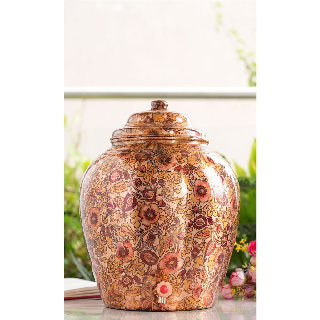 INDIAN ART VILLA Printed Flower Design Copper Water Dispenser Pot Matka, Storage, Home Kitchen Garden