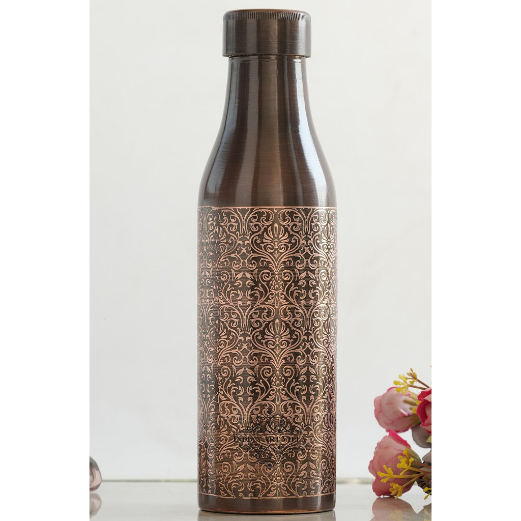 INDIAN ART VILLA Prue Copper Bottle, Antique Dark Embossed Design, 900 ML