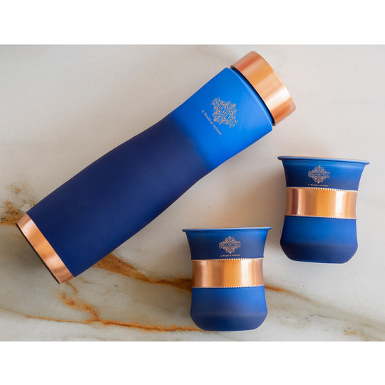 Luxury matte blue copper water bottle and glass set by Indian Art Villa for modern home decor