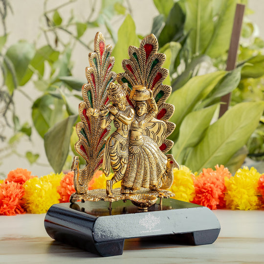 Brass Finish Colorfull Radha Krishna Murti with Wooden Base