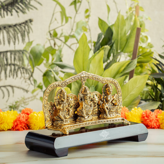 Brass Finish Ganesh, Laxmi & Saraswati Idol with Velvet Gift Box