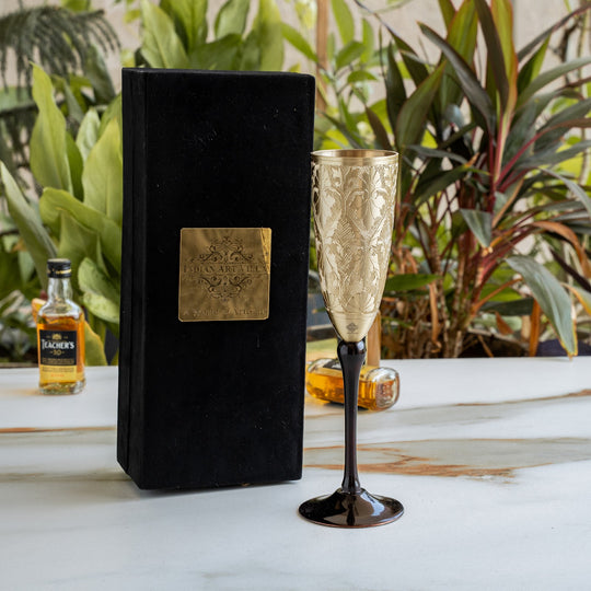 Brass Finish Embossed Design Flute Champagne Glass, Bareware, Bar Accessories & Tools For Bars, Catering Venues, Home, Office, Party, Hotels, Volume- 200 ML