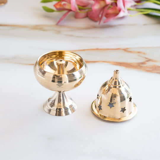 Brass Akhand Jyoti Diya with Star-Cut Protective Lid