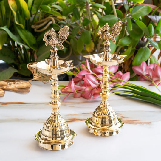 Brass Pillar Diya Set of 2 - Traditional South Indian Temple Oil Lamps
