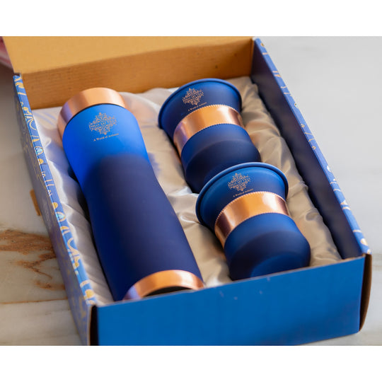 Designer matte blue copper bottle set with glasses, Indian Art Villa signature collection