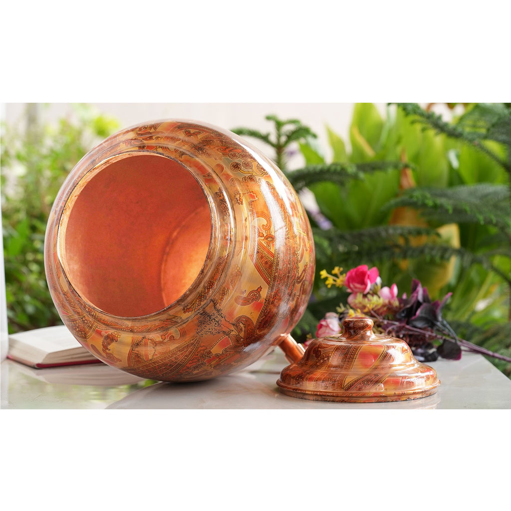 Indian Art Villa Printed Paisely Design Copper Water Dispenser Pot Matka, Storage, Home Kitchen Garden