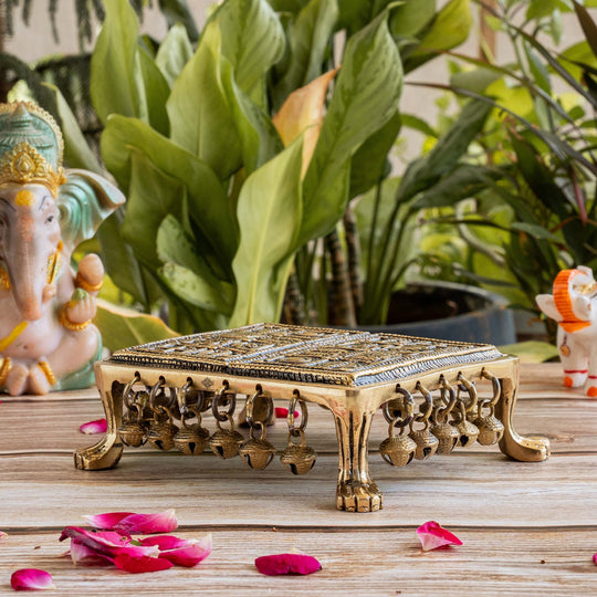 Pure brass antique embossed Chowki angle view — Indian Art Villa