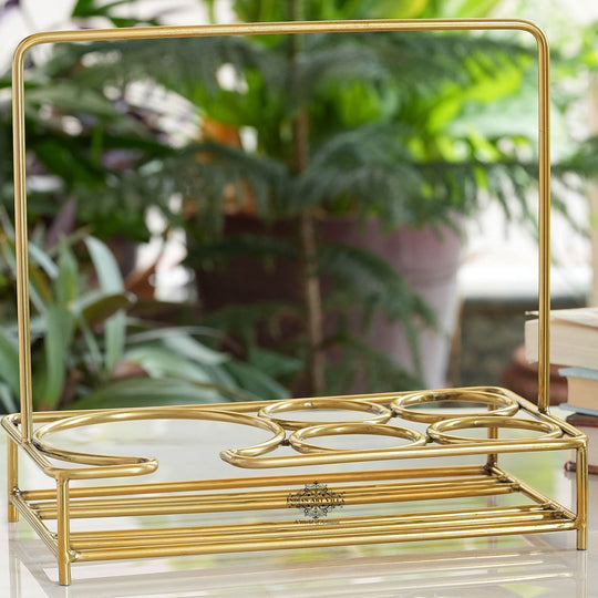 Handcrafted Pure Brass Shine Finish Design Tea Pot with Brass Stand with 4 Glass Tea Cup