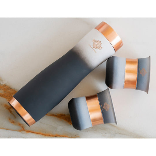 Luxury shaded silk copper water bottle set by Indian Art Villa, Ayurvedic tamra jal bottle for daily hydration