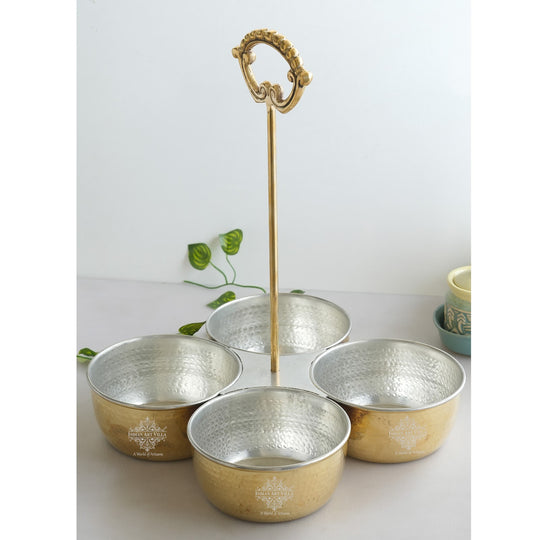 Pure pital vegetable serving bowl with hammered tin interior dual bowls joined by flat base and upright ornate handle