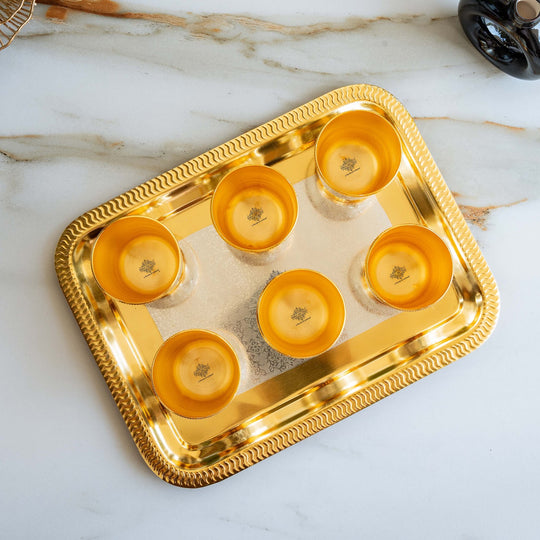 Handcrafted Pure Silver Plated Gold Polished 6 Glass with 1 Tray