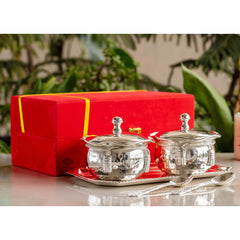 Silver-Plated Hammered Bowl with Lid & Spoon - Elegant Gift Box Set for Special Occasions