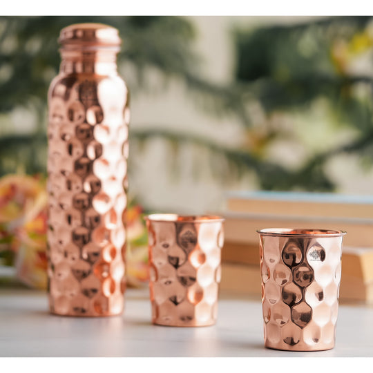 Set of Pure Copper Diamond Hammered Leak Proof Water Bottle & Two Glasses with a Gift Box, Drinkware
