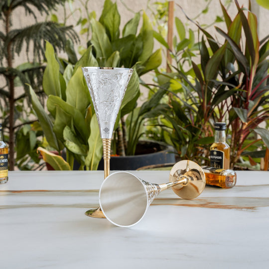 Silver Plated Engraved Goblet / Flute Glass / Wine Glass with Red Box | Set of 2 | 100 ML each