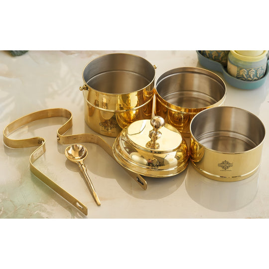 Brass Vintage Design Plain Tiffin with Tin Lining, Traditional Tiffin Box with Spoon, 3 Piece