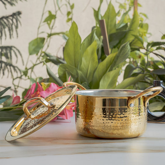Pure Brass Pot Hammered Design With Tin Lining and Lid