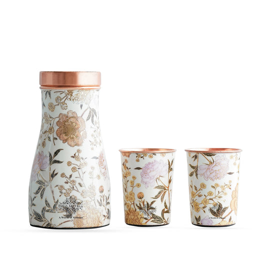 Golden floral design copper bottle and tumbler set by Indian Art Villa, ideal for festive décor and premium gifts.