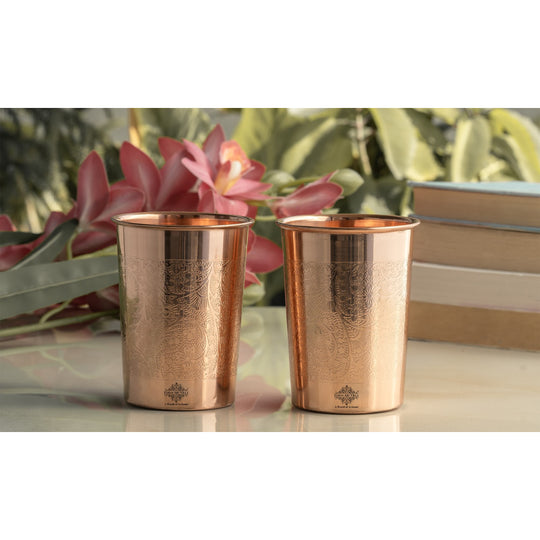 Pure Copper Glass With Handcrafted Embossed Design 275 ML