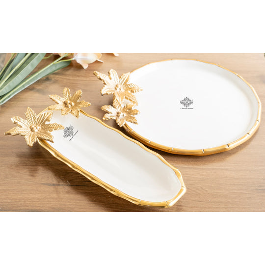 Brass Finish Oval Decorative Serving Plate with Flower
