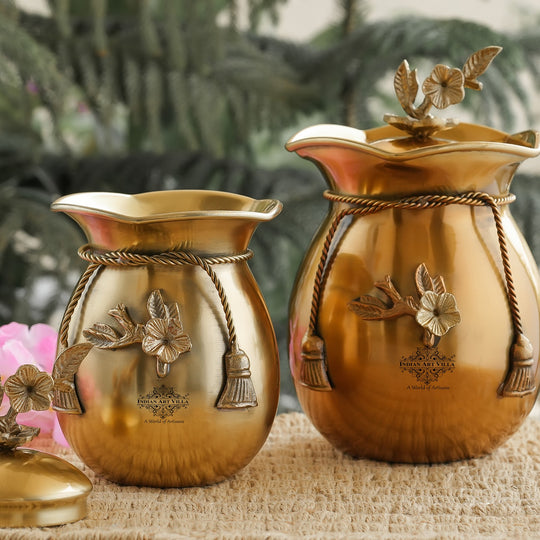 Brass Decorative Handi with Tie Design on Neck and Flower Design Lid